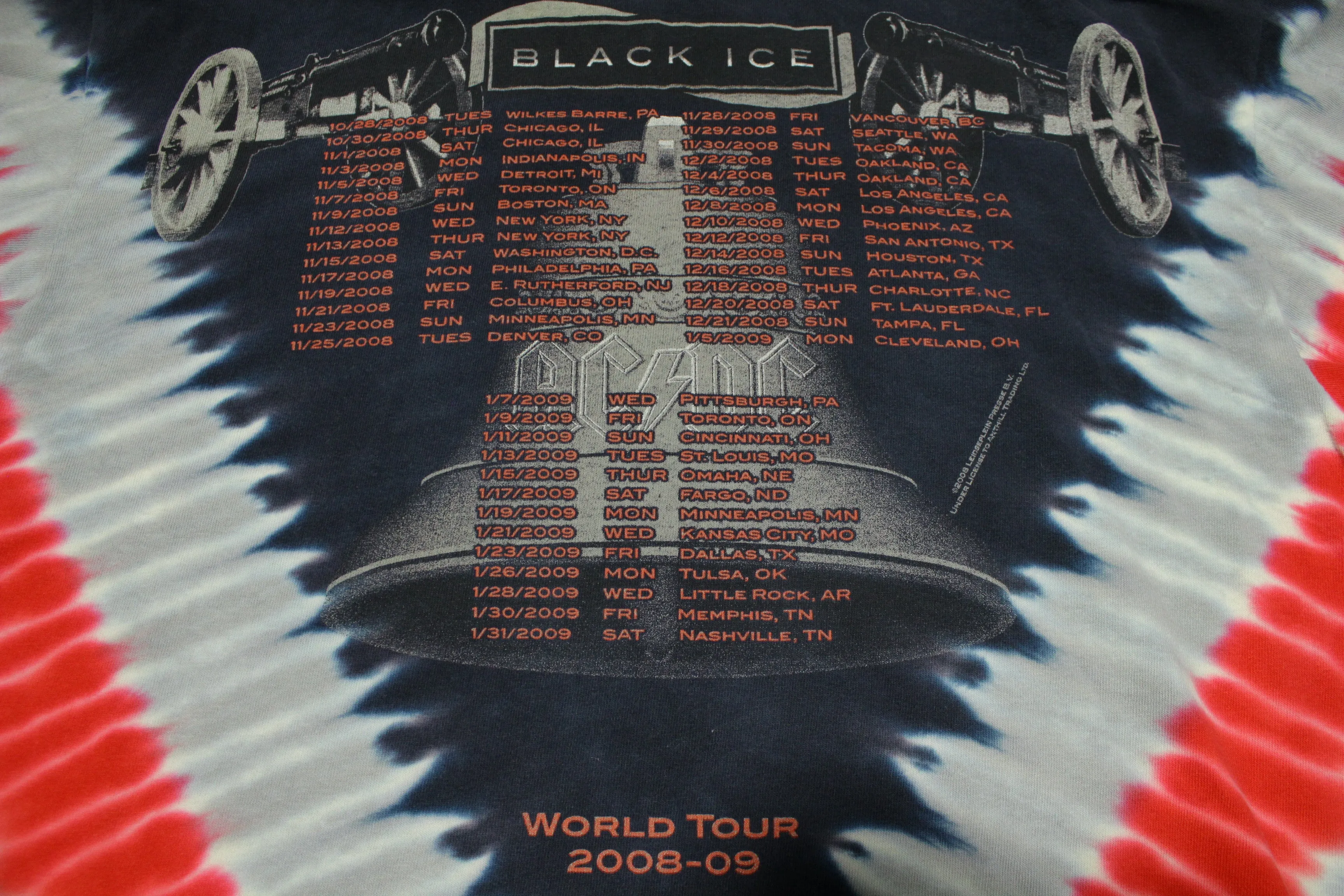 AC DC 2008 Black Ice World Tour Tie Dye Concert Cities T-Shirt