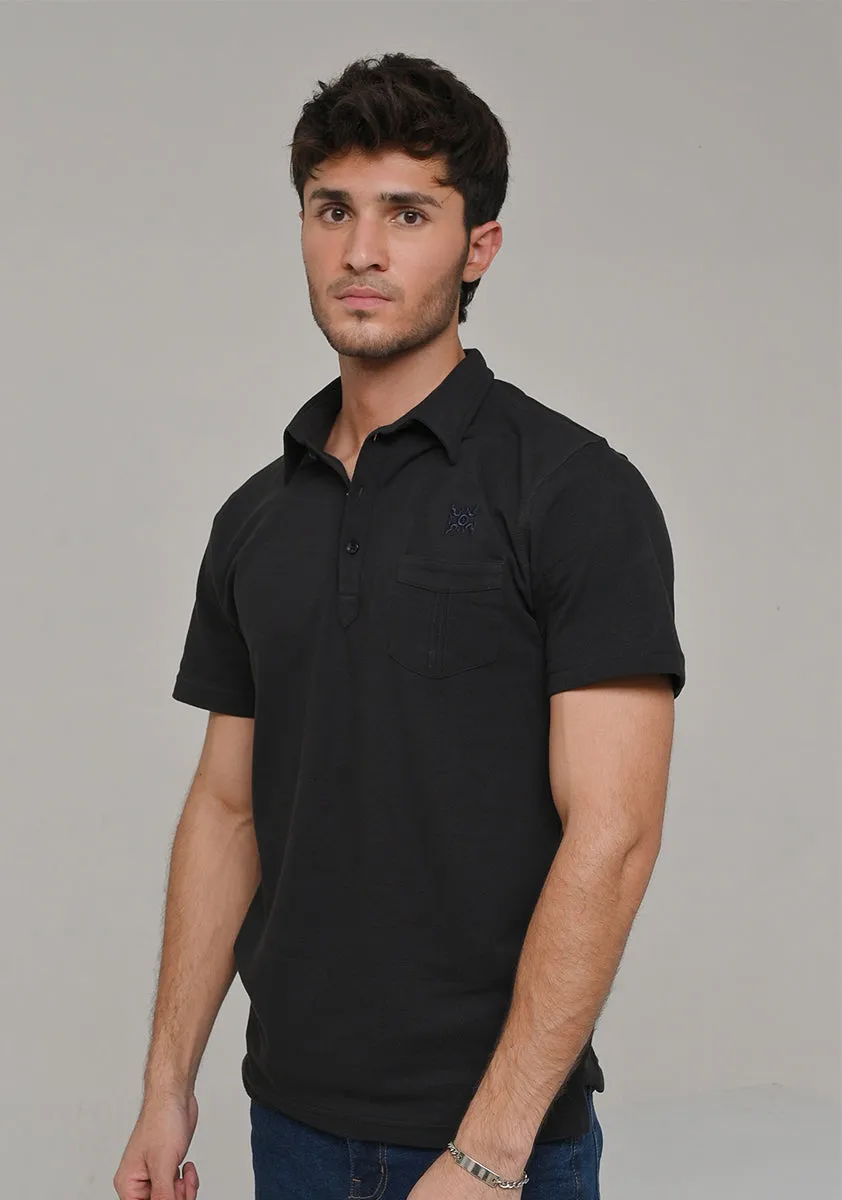 Basic Piquet Black Self Collar Polo T-Shirt