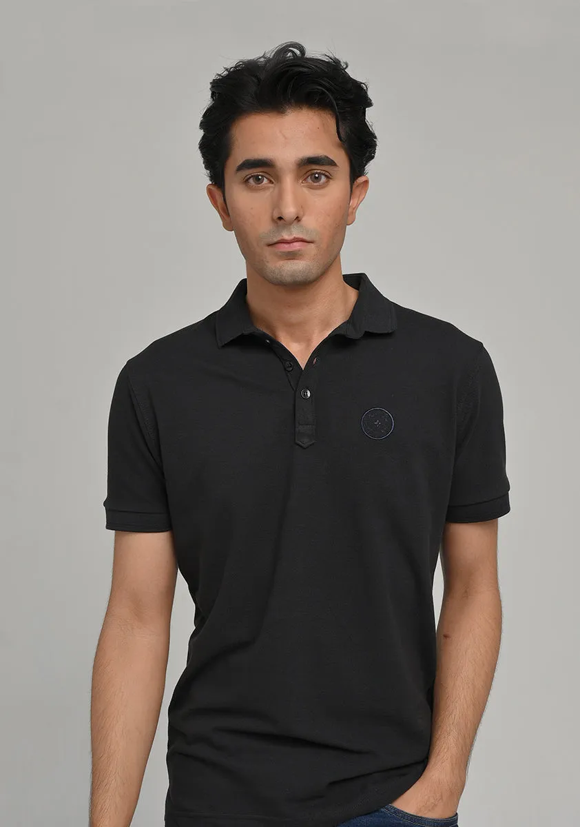 Basic Polo Black Knitted Collar T-Shirt