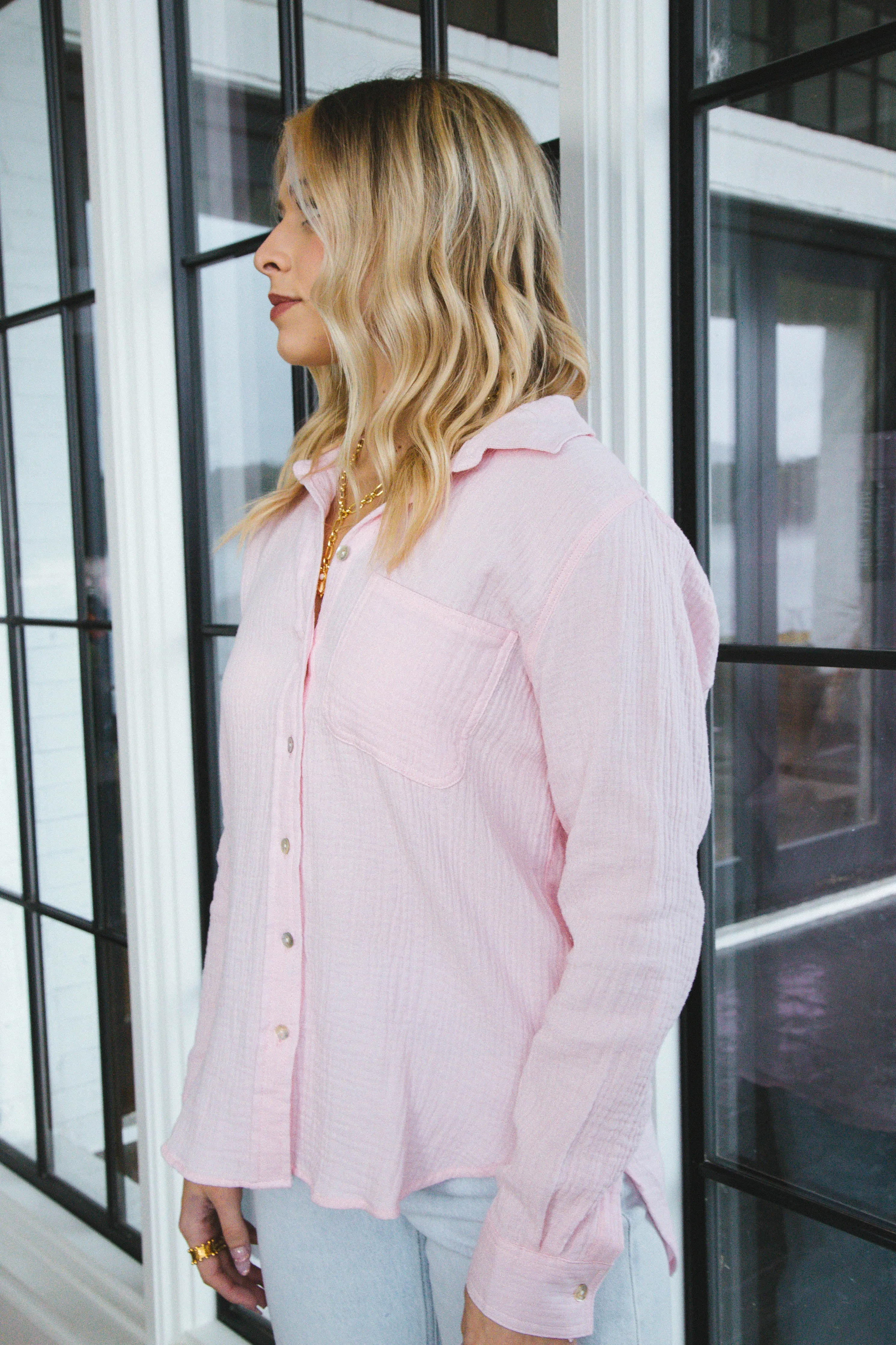 Bennett Gauze Button Up Shirt, Pink Mist | Velvet Heart