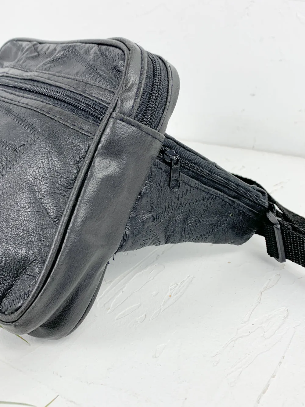 Black Patchwork Leather Fanny Pack