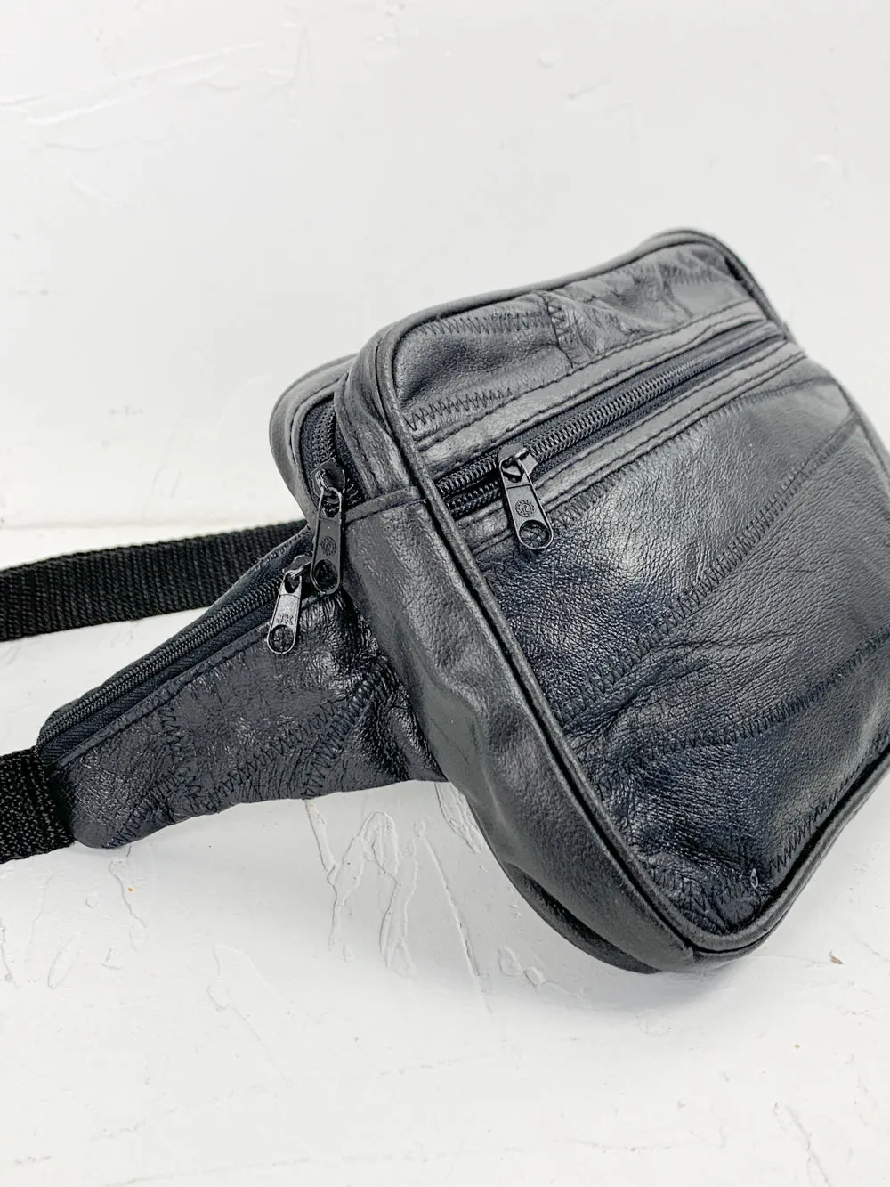 Black Patchwork Leather Fanny Pack