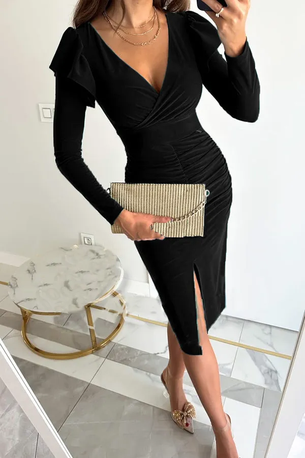 Bring on The Night Ruffle Sleeve Slit Midi Dress