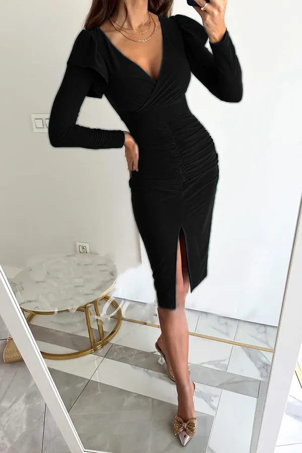 Bring on The Night Ruffle Sleeve Slit Midi Dress