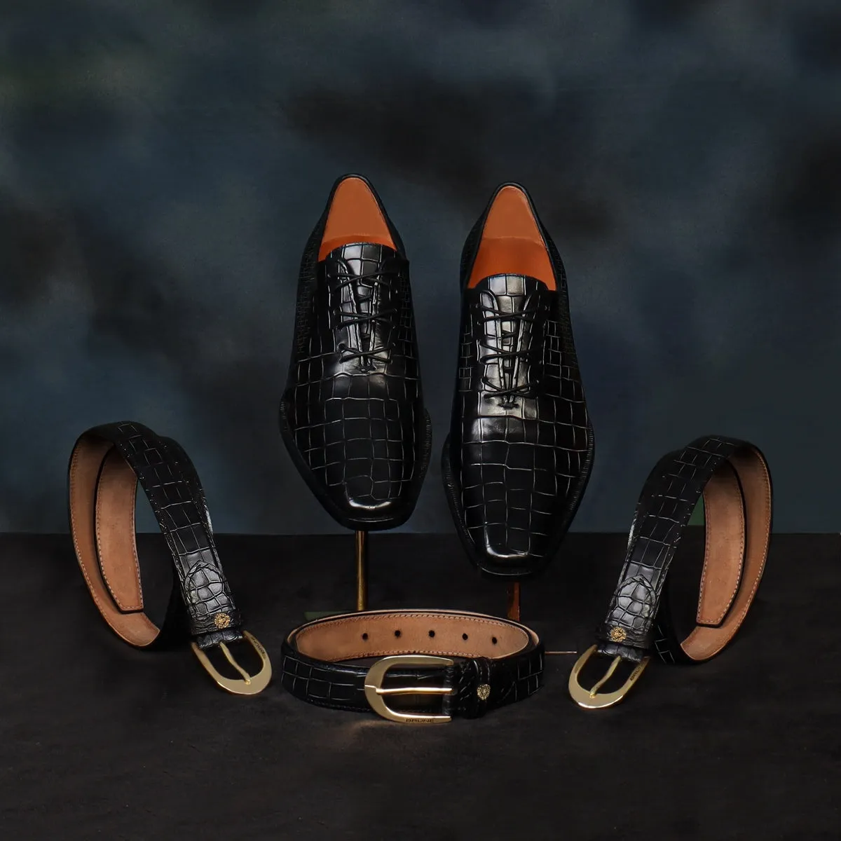 Corporate Gifting BCCI & Team India T-20 World Cup 2023 Bulk Order Black Croco Textured Formal Shoes and Belts (Reference Price for 1 Unit)