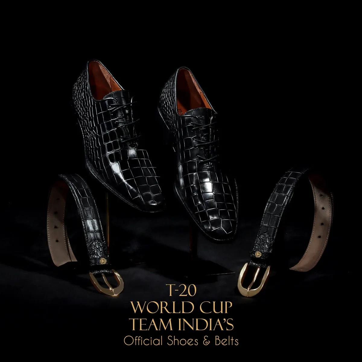 Corporate Gifting BCCI & Team India T-20 World Cup 2023 Bulk Order Black Croco Textured Formal Shoes and Belts (Reference Price for 1 Unit)