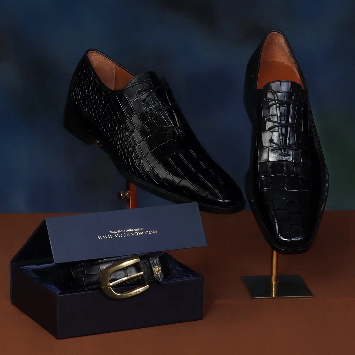 Corporate Gifting BCCI & Team India T-20 World Cup 2023 Bulk Order Black Croco Textured Formal Shoes and Belts (Reference Price for 1 Unit)