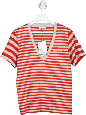 Ganni grey /red Striped V Neck Organic Cotton T-shirt UK XS