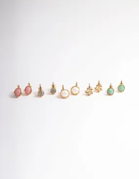 Gold Pearl & Resin Stone Clip On Earrings 5-Pack