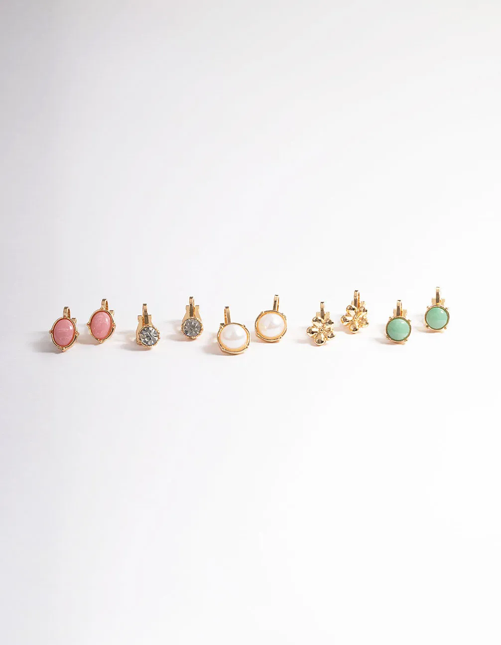 Gold Pearl & Resin Stone Clip On Earrings 5-Pack