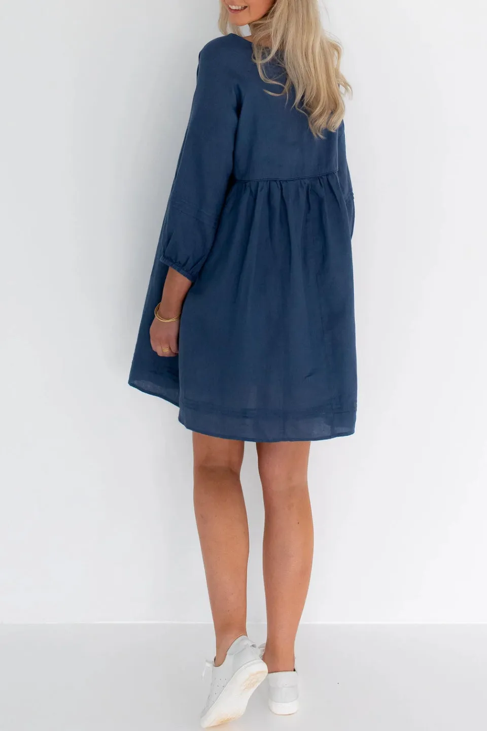 Jasmine LS Button Mini Navy Linen Dress