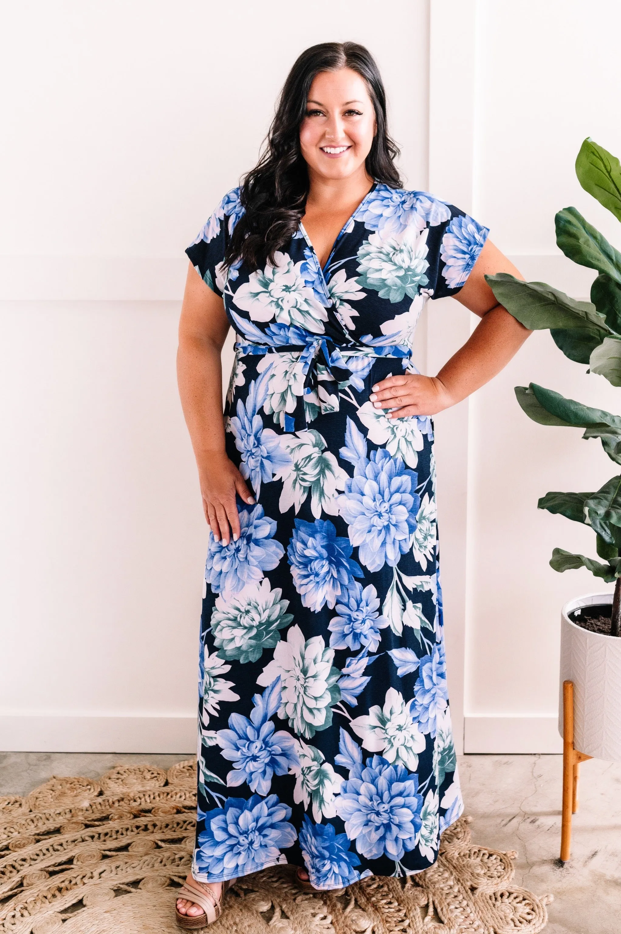 Navy Surplice Floral Maxi Dress With Tie Belt Detail In Blue Watercolors