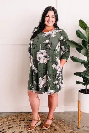 Olive Floral Long Sleeve Shift Dress With Pockets