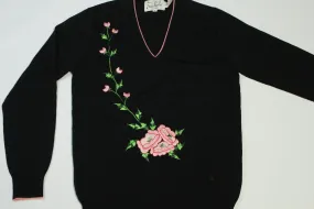 Rochelle California Vintage Women's 80's Embroidered Rose Flower Vines V-Neck Sweater