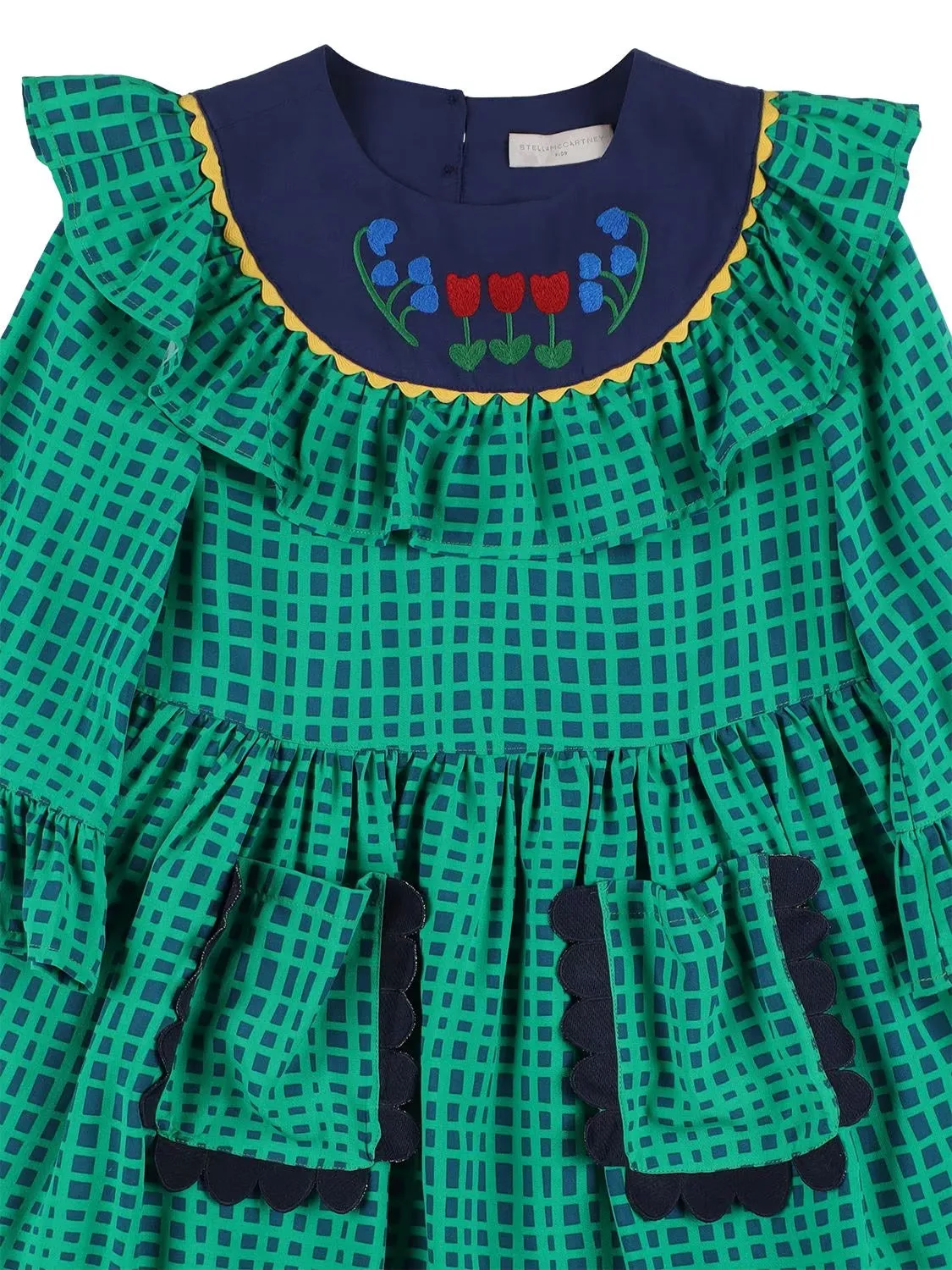 STELLA MCCARTNEY KIDS Green Check Viscose Ruffle Sleeve Dress