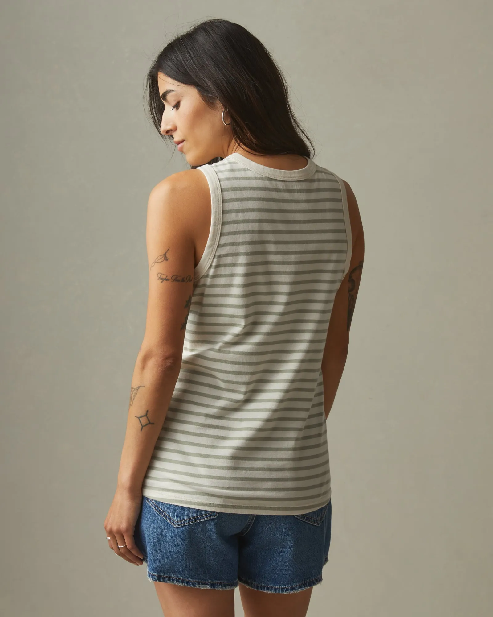 Striped Classic Cotton Muscle Tank - Turtledove / Eucalyptus