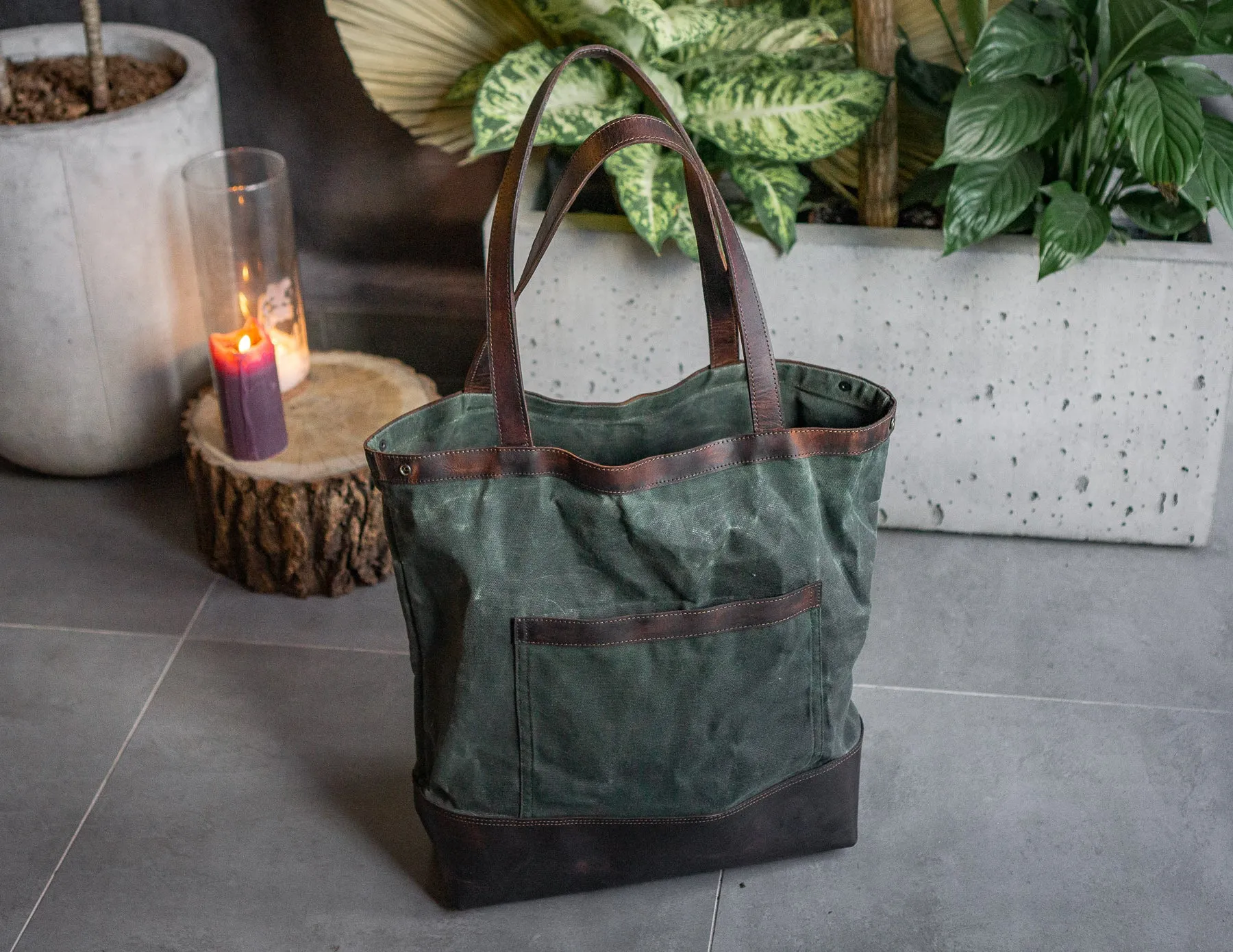 Tote Bag | - Waxed Canvas with Soft Leather, Minimalist Tote