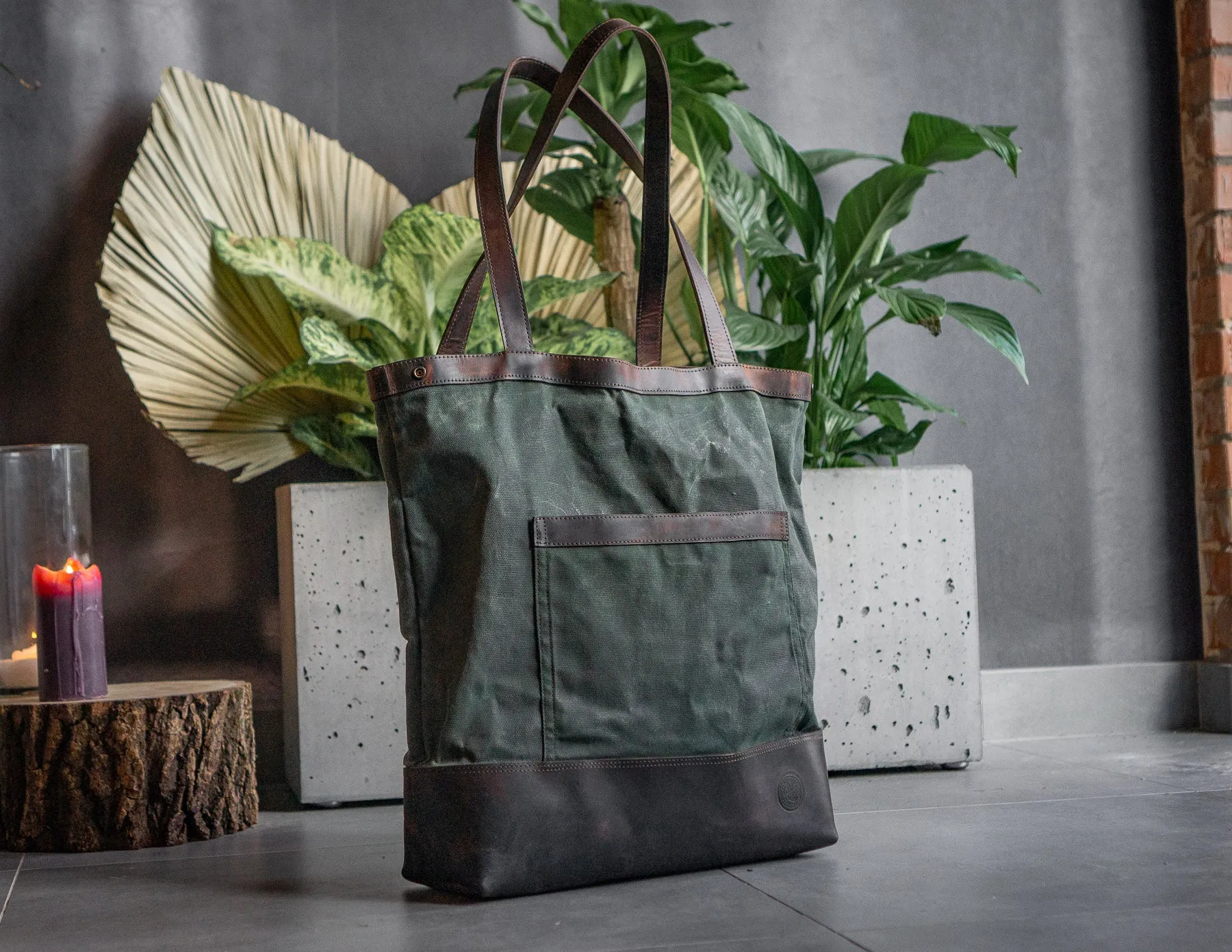 Tote Bag | - Waxed Canvas with Soft Leather, Minimalist Tote