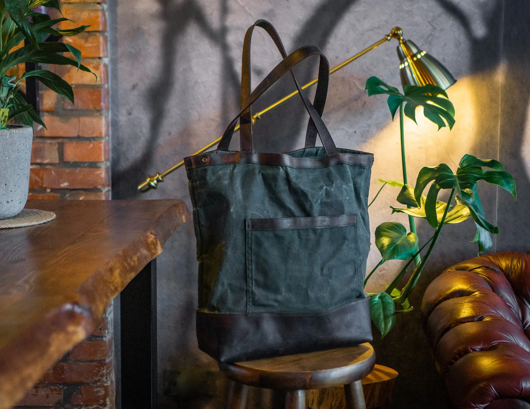 Tote Bag | - Waxed Canvas with Soft Leather, Minimalist Tote