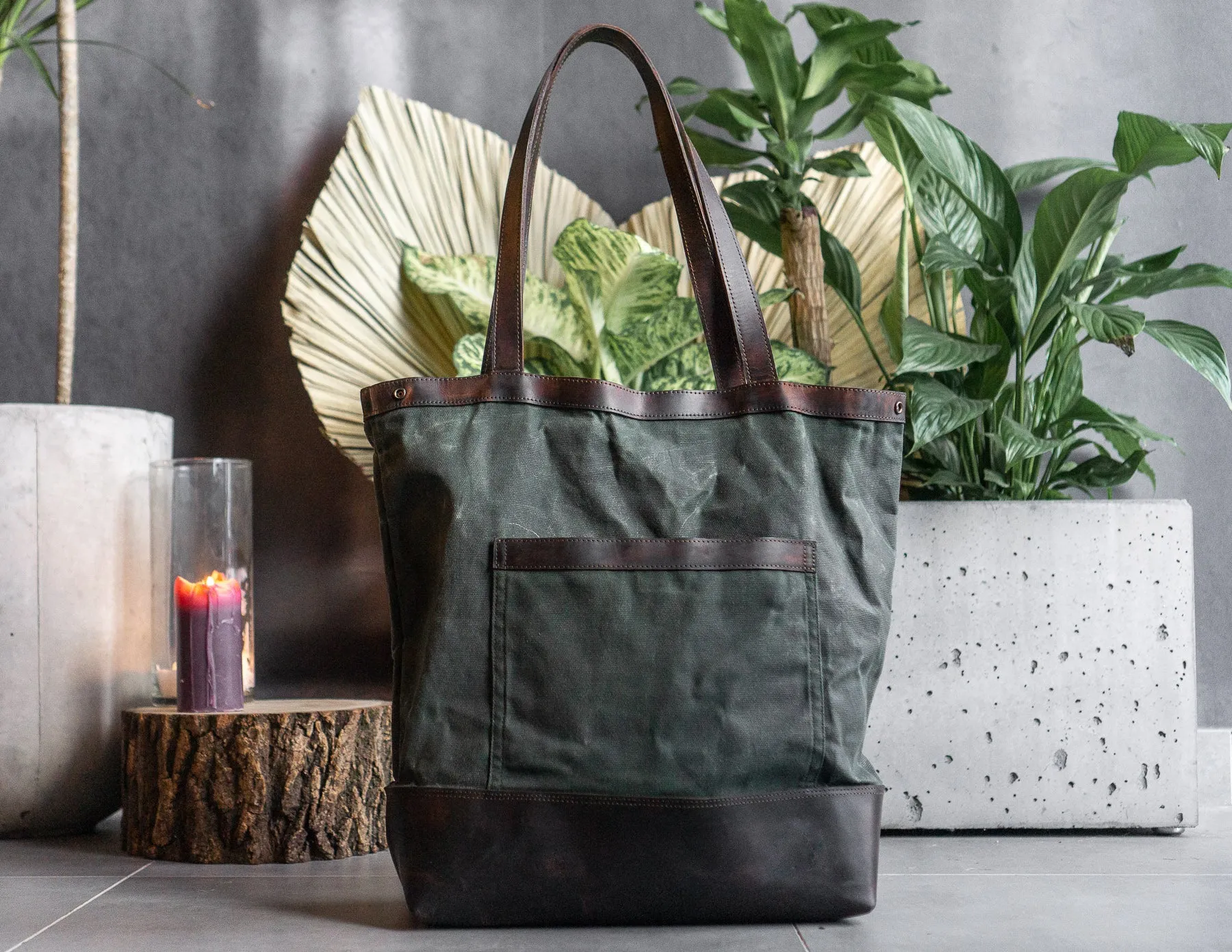 Tote Bag | - Waxed Canvas with Soft Leather, Minimalist Tote